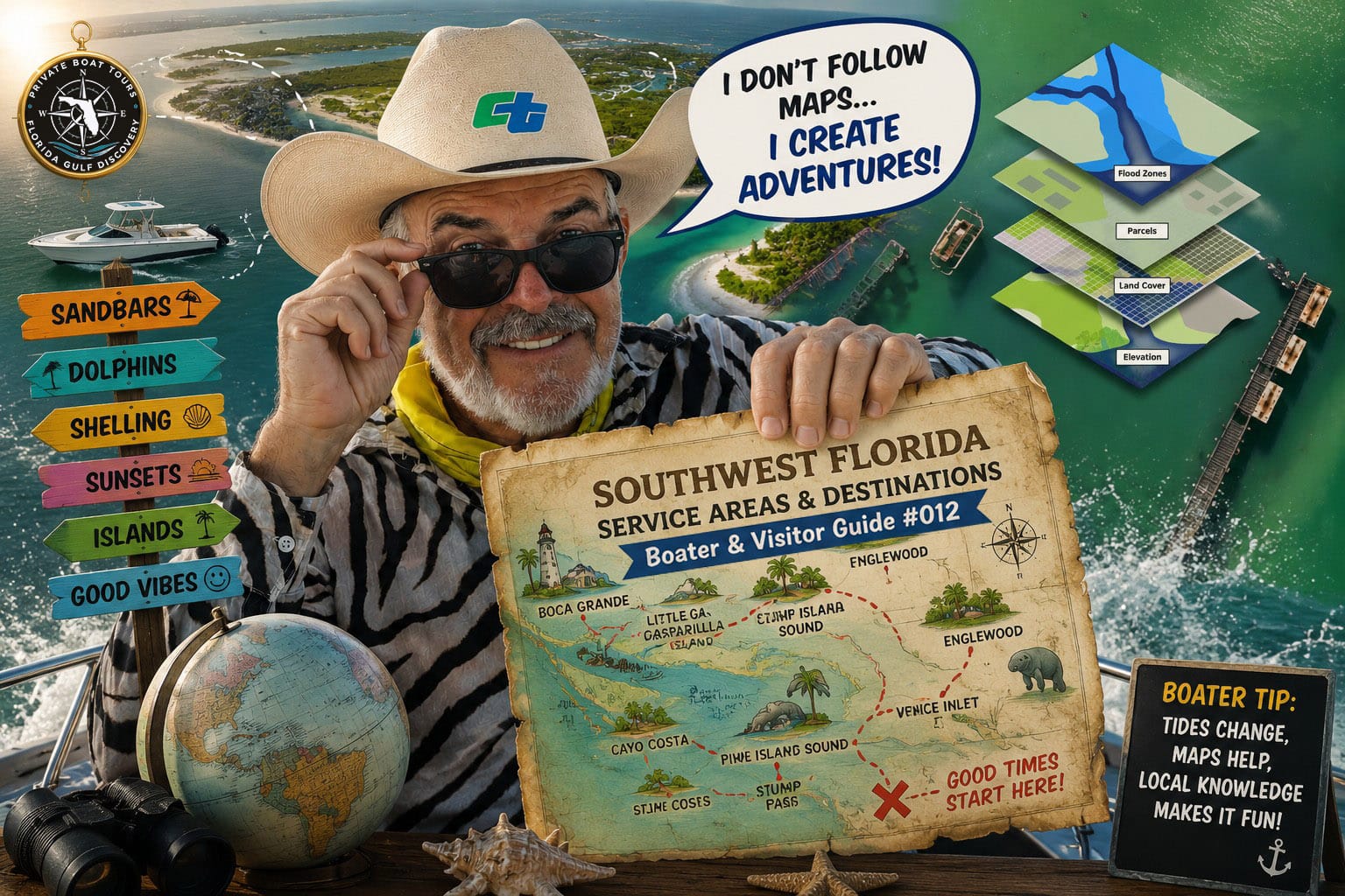 Private boat tours in Southwest Florida service areas and destinations with Captain Pavel, including barrier islands, beaches, sandbars, Gulf passes and coastal waterways.