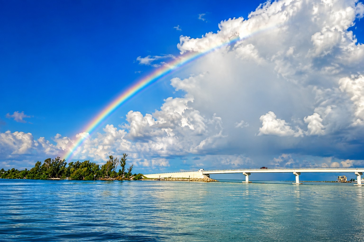 Rainbow over the Boca Grande Causeway and swing bridge crossing Gasparilla Sound near Placida, Southwest Florida