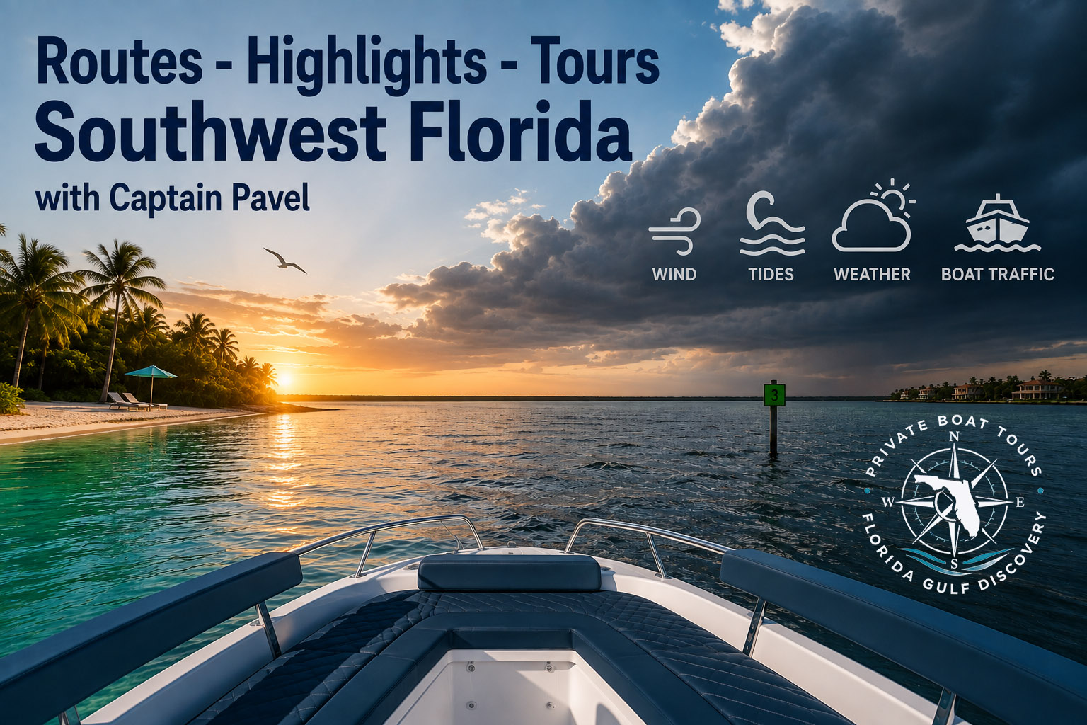 Featured water routes and private boat tour highlights in Southwest Florida with Captain Pavel, including scenic Gulf Coast waterways, islands, beaches and sunset destinations.