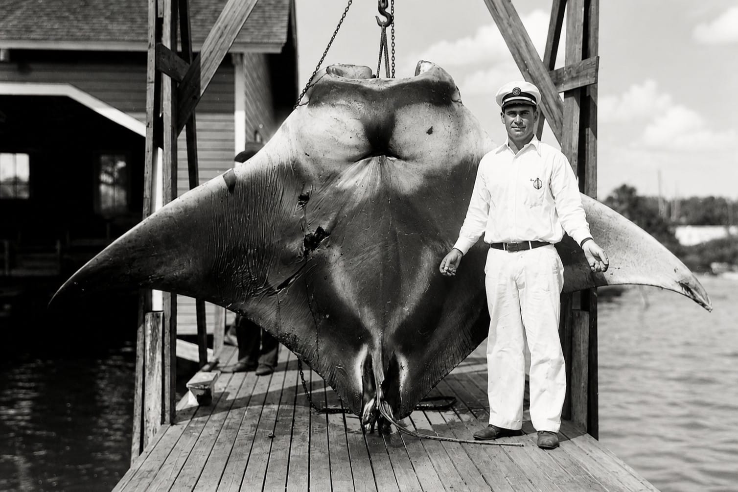 Sam Whidden posing with a giant manta ray in Boca Grande around 1930