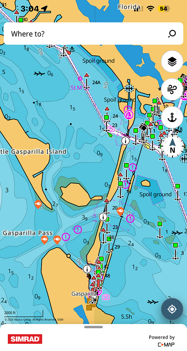 Simrad C-MAP marine navigation chart showing Gasparilla Pass and surrounding Southwest Florida waterways
