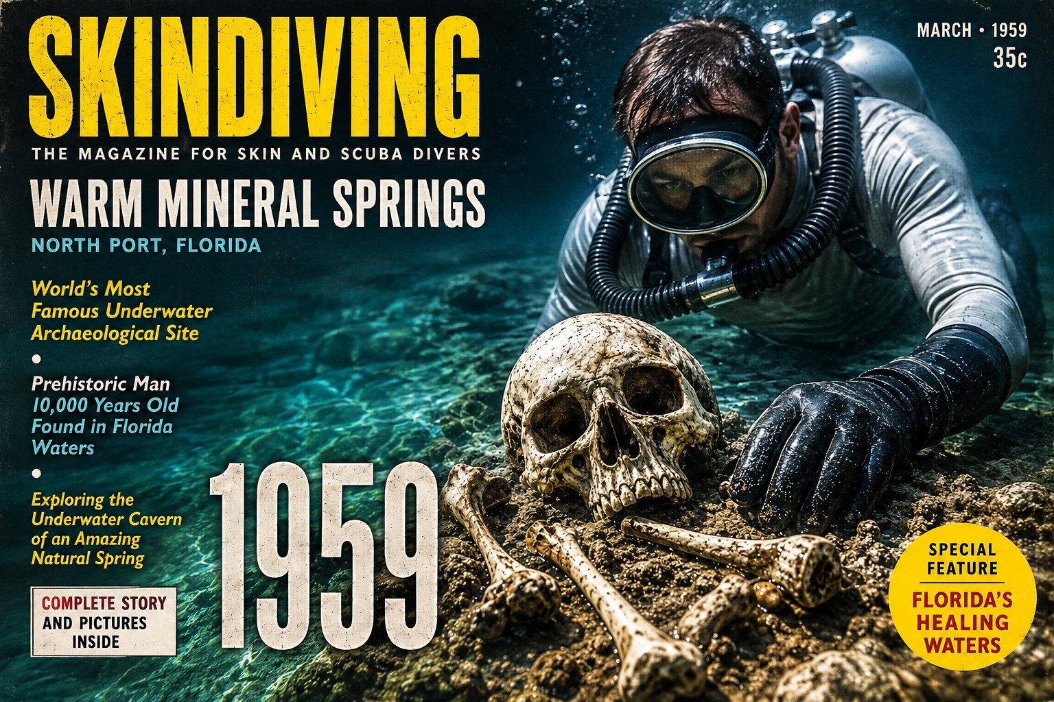 Historic 1959 Skin Diving magazine cover featuring Warm Mineral Springs in North Port, Florida.
