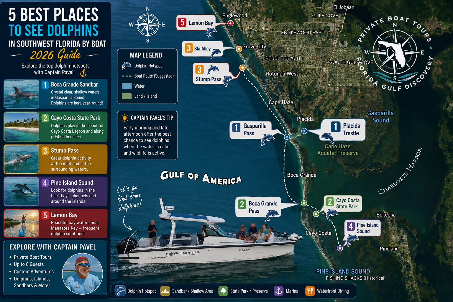 Illustrated interactive map showing the five best places to see dolphins in Southwest Florida by boat, including Placida Trestle, Ski Alley, Cayo Costa, Gasparilla Pass, and Boca Grande Pass.
