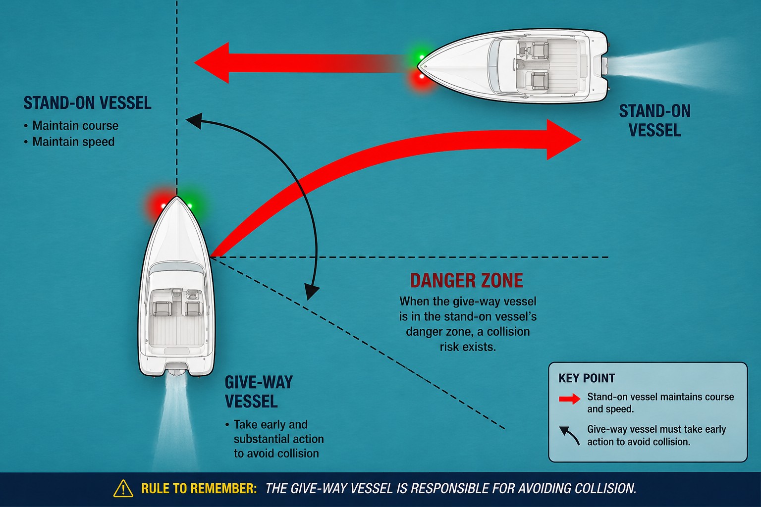 Stand-on and give-way vessel danger zone diagram explaining boating navigation rules and collision avoidance