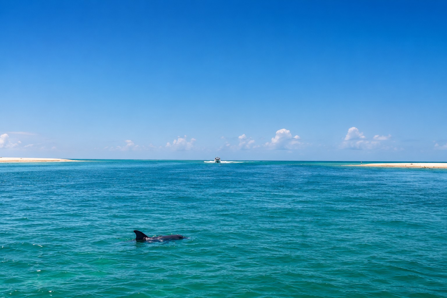 Wild bottlenose dolphin swimming through the crystal-clear waters of Stump Pass in Southwest Florida