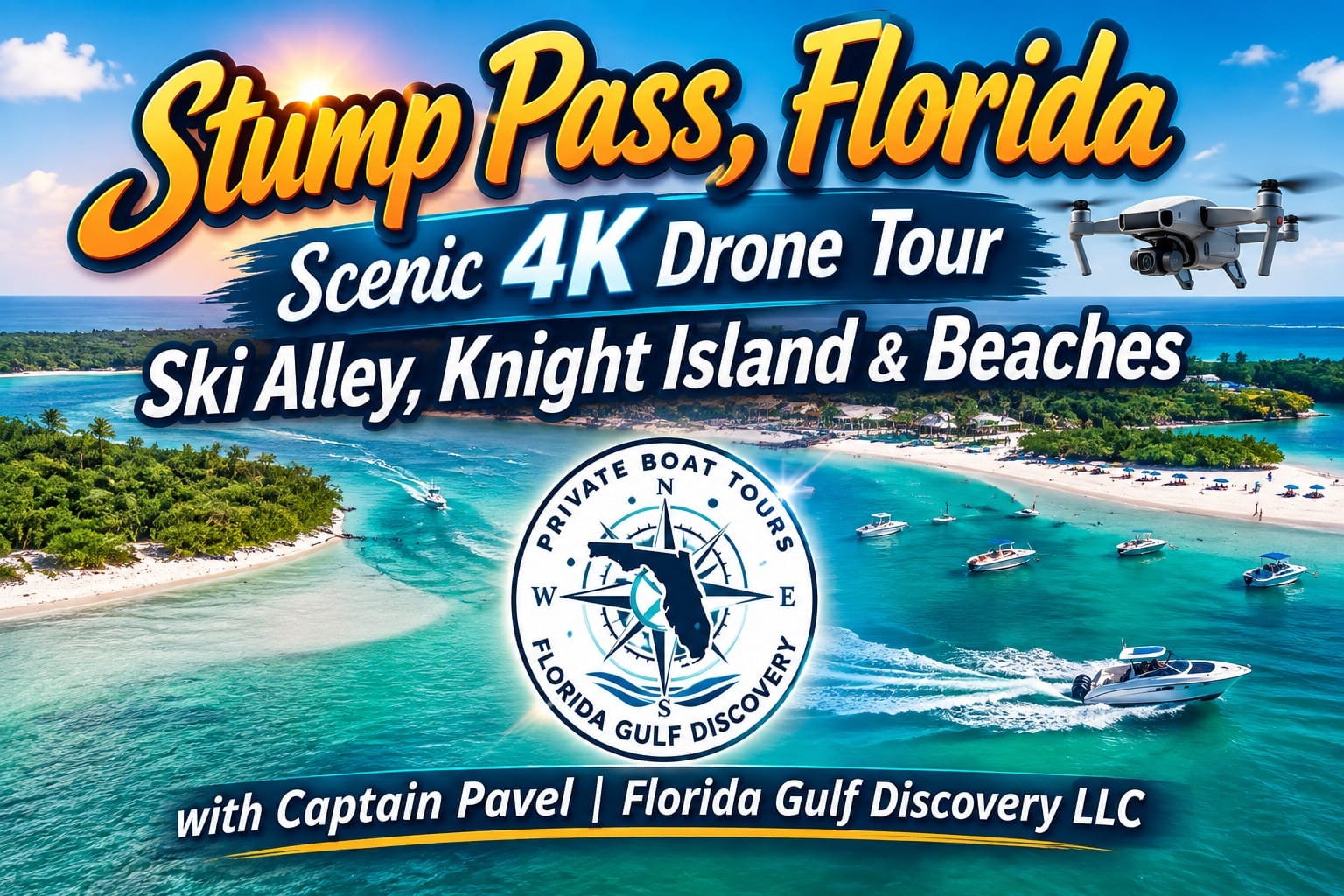 4K aerial drone view of Stump Pass, Ski Alley, Knight Island and beaches in Southwest Florida