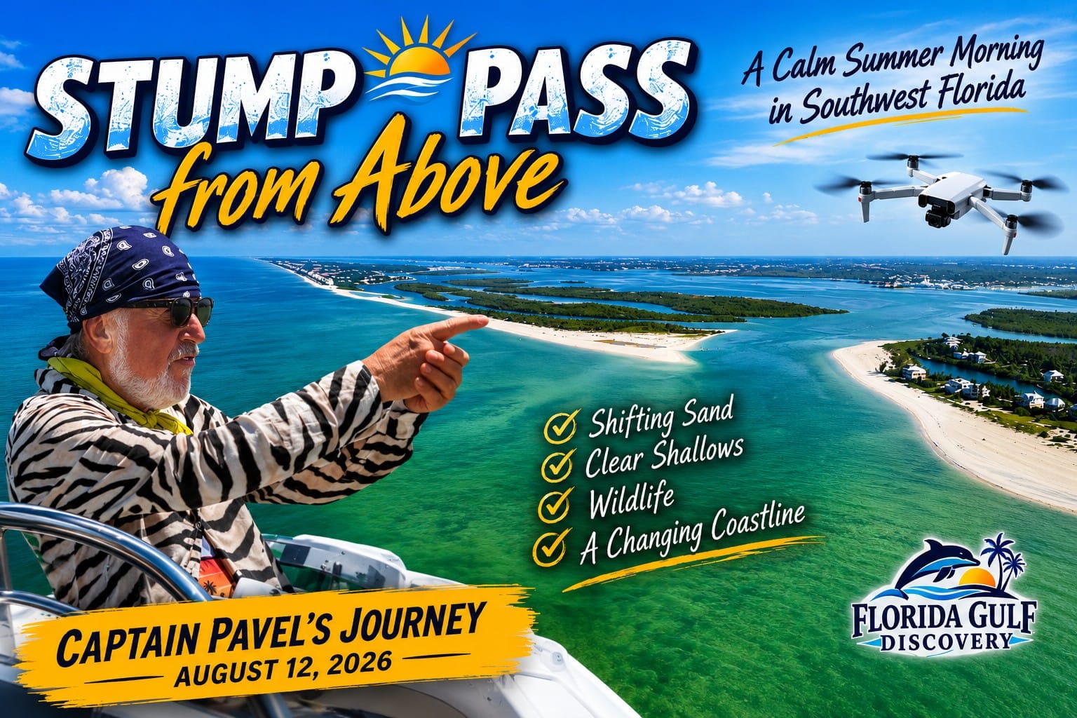 Aerial view of Stump Pass, clear shallows, shifting sand and the changing Southwest Florida coastline during Captain Pavel's August 2026 journey.