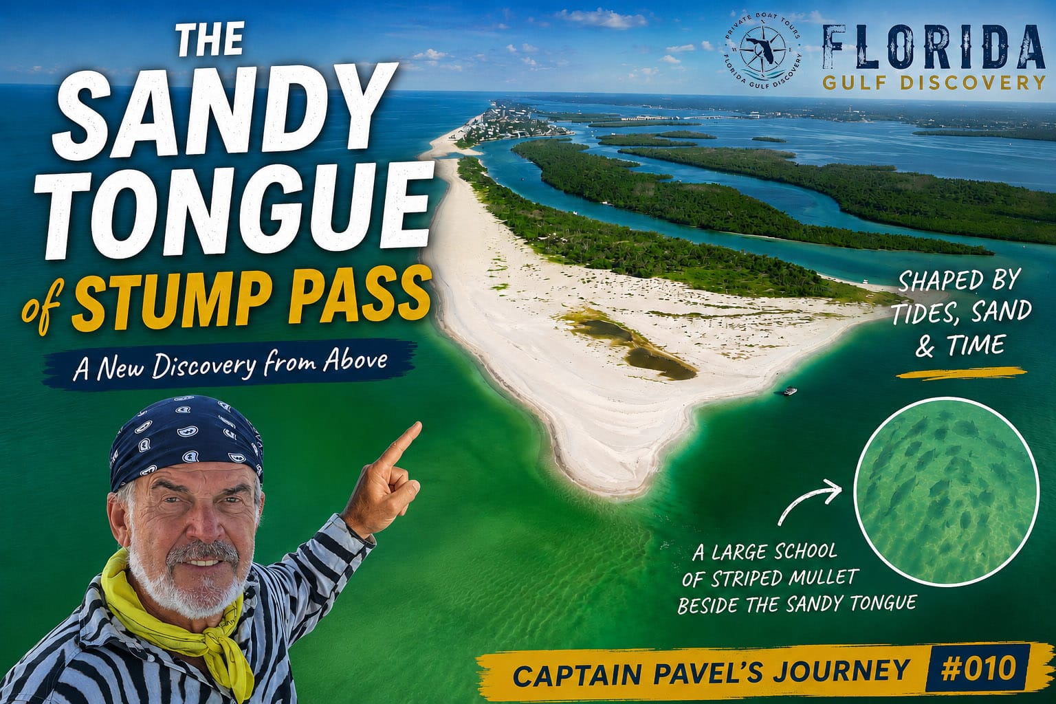 Captain Pavel overlooking the Sandy Tongue of Stump Pass with a large school of striped mullet visible in the shallow water.