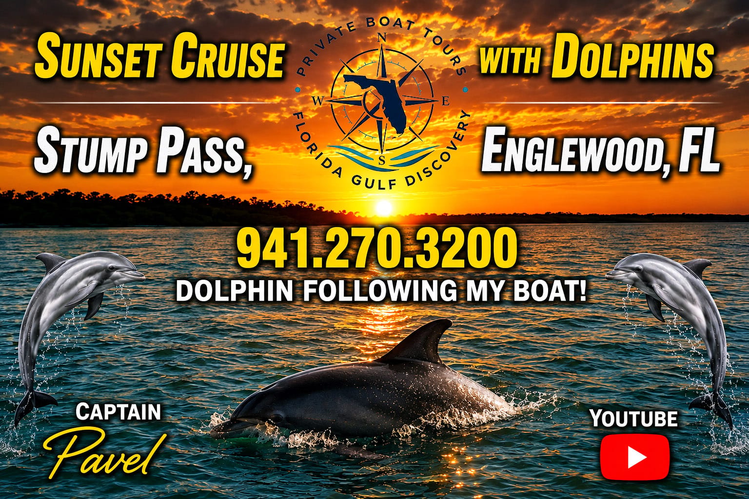 Sunset cruise with dolphins at Stump Pass in Englewood Florida with Captain Pavel