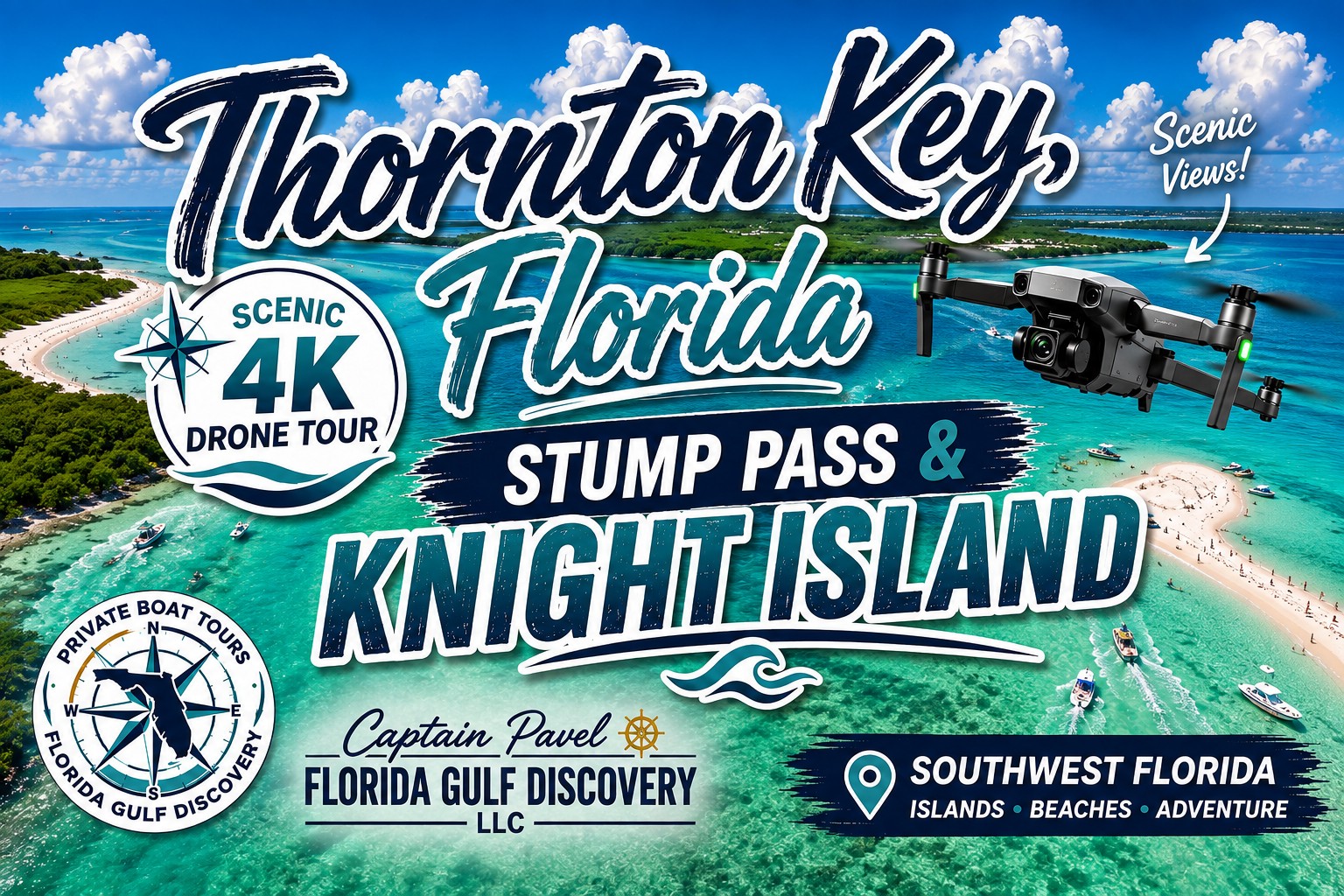 Aerial drone view of Thornton Key, Stump Pass and Knight Island in Southwest Florida