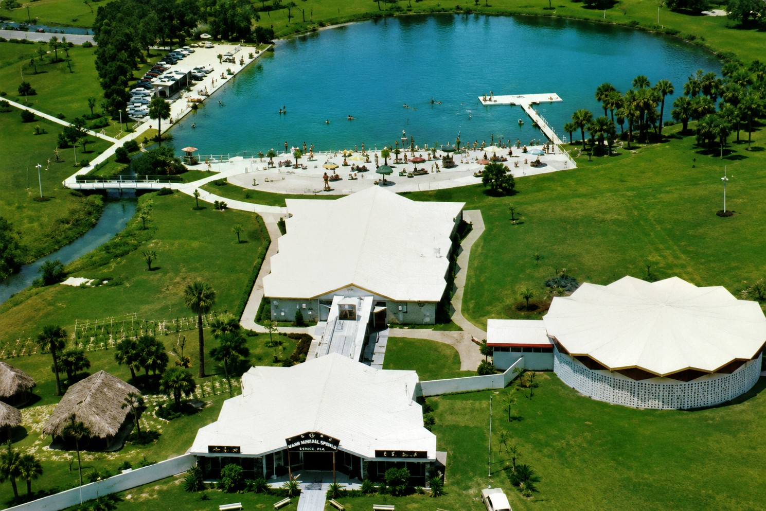 Historic aerial view of Warm Mineral Springs Resort in North Port, Florida, during its golden era