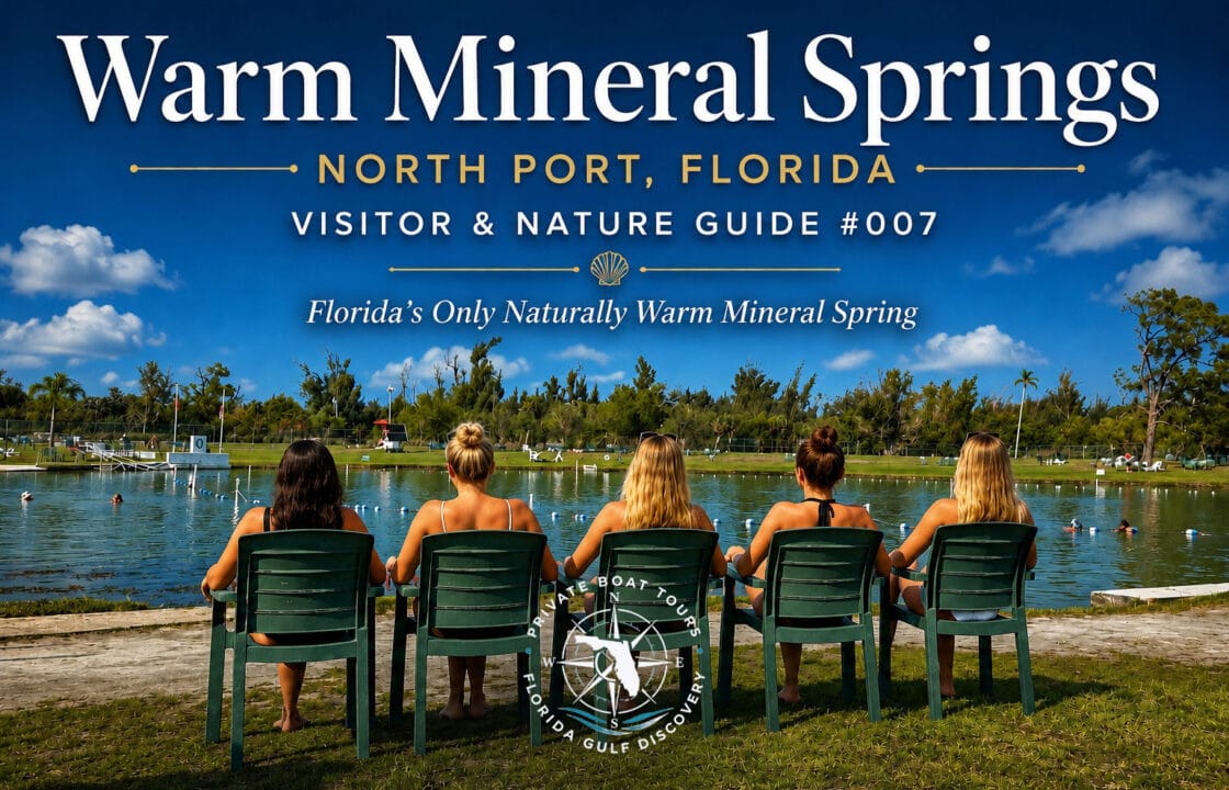Five visitors relaxing beside Warm Mineral Springs in North Port, Florida, overlooking the naturally warm mineral spring featured in the Visitor & Nature Guide #007 by Florida Gulf Discovery.