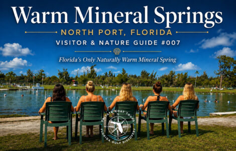 Five visitors relaxing beside Warm Mineral Springs in North Port, Florida, overlooking the naturally warm mineral spring featured in the Visitor & Nature Guide #007 by Florida Gulf Discovery.