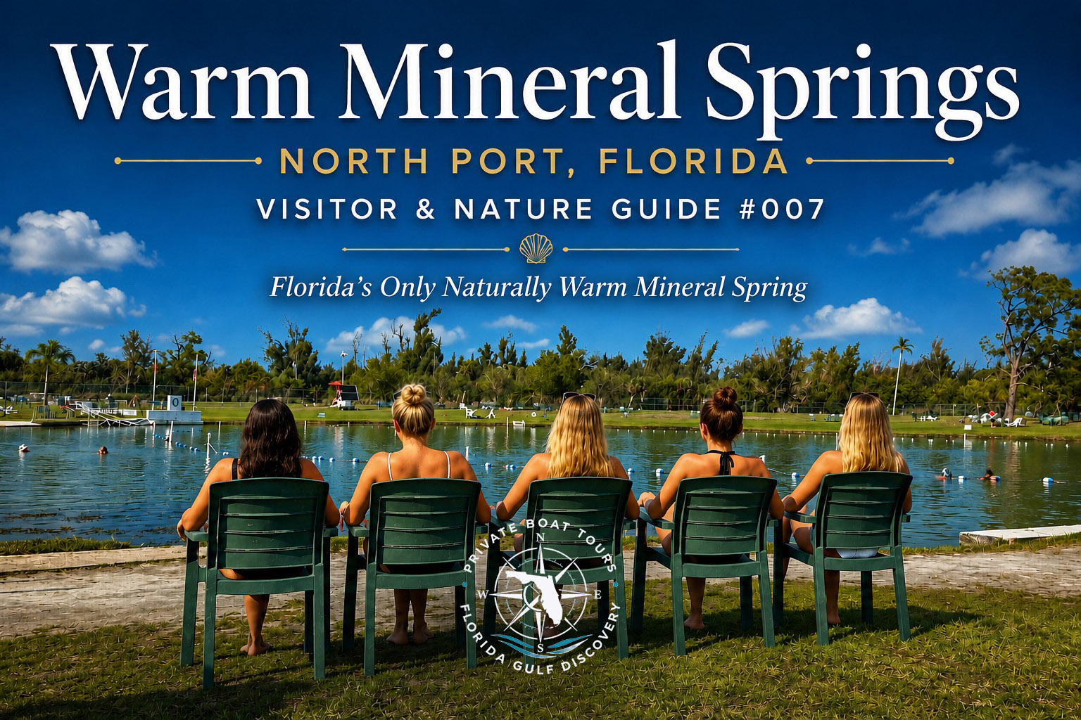 Five visitors relaxing beside Warm Mineral Springs in North Port, Florida, overlooking the naturally warm mineral spring featured in the Visitor & Nature Guide #007 by Florida Gulf Discovery.