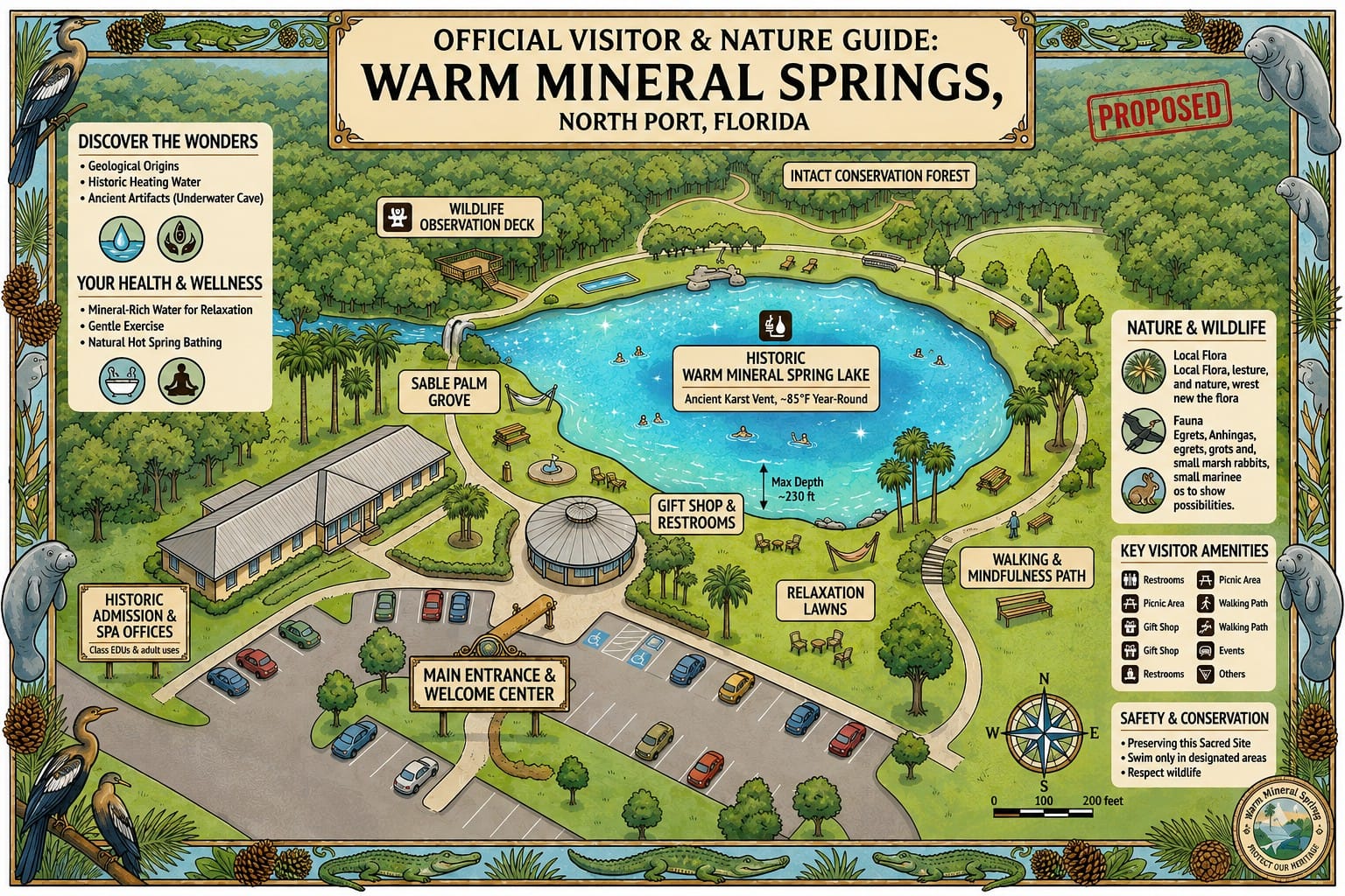 Illustrated proposed visitor and nature guide map of Warm Mineral Springs in North Port, Florida, showing the spring, walking paths, visitor facilities, wildlife, and park amenities.