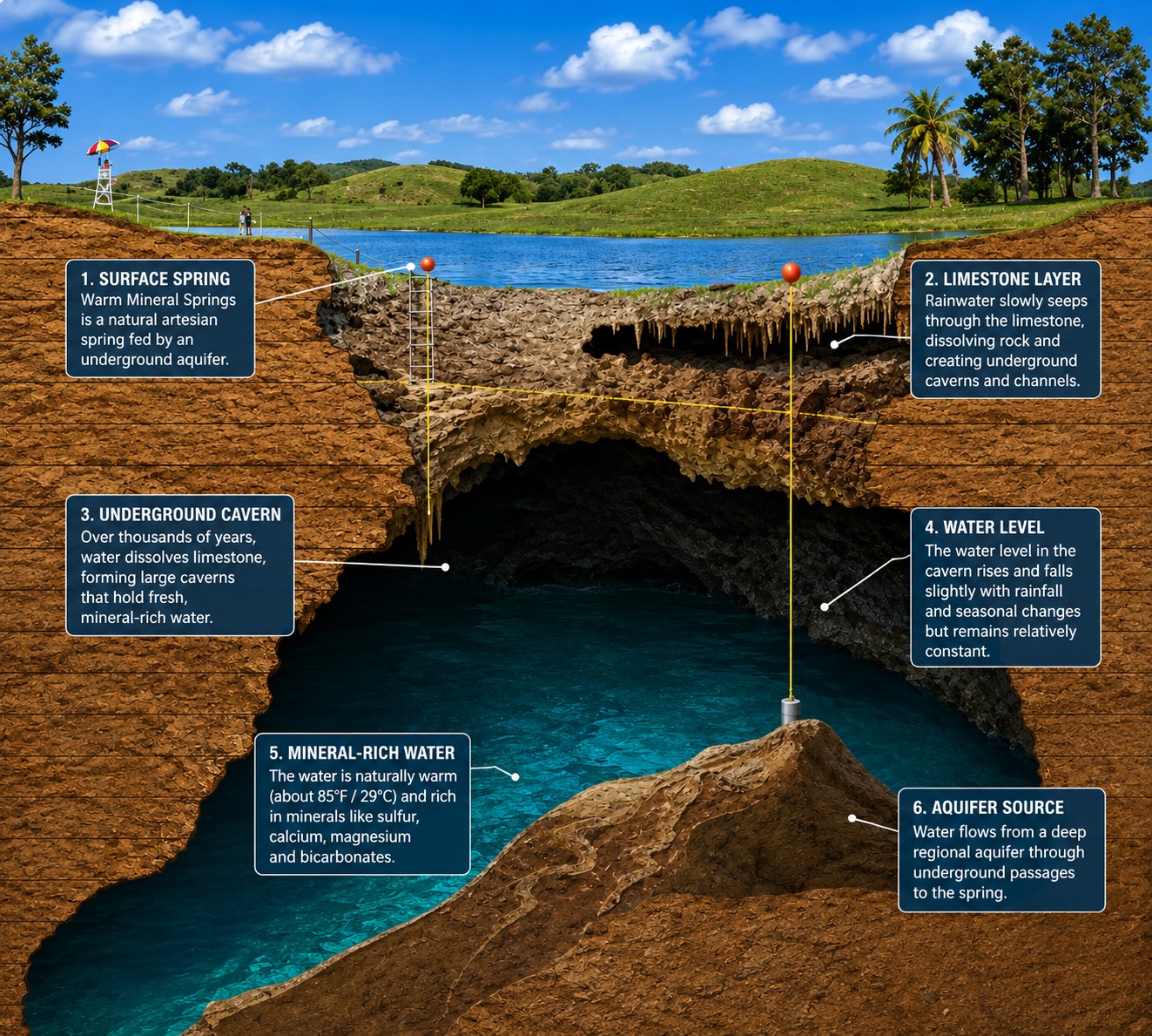 Cross-section diagram of the underground cave and sinkhole structure beneath Warm Mineral Springs in North Port, Florida