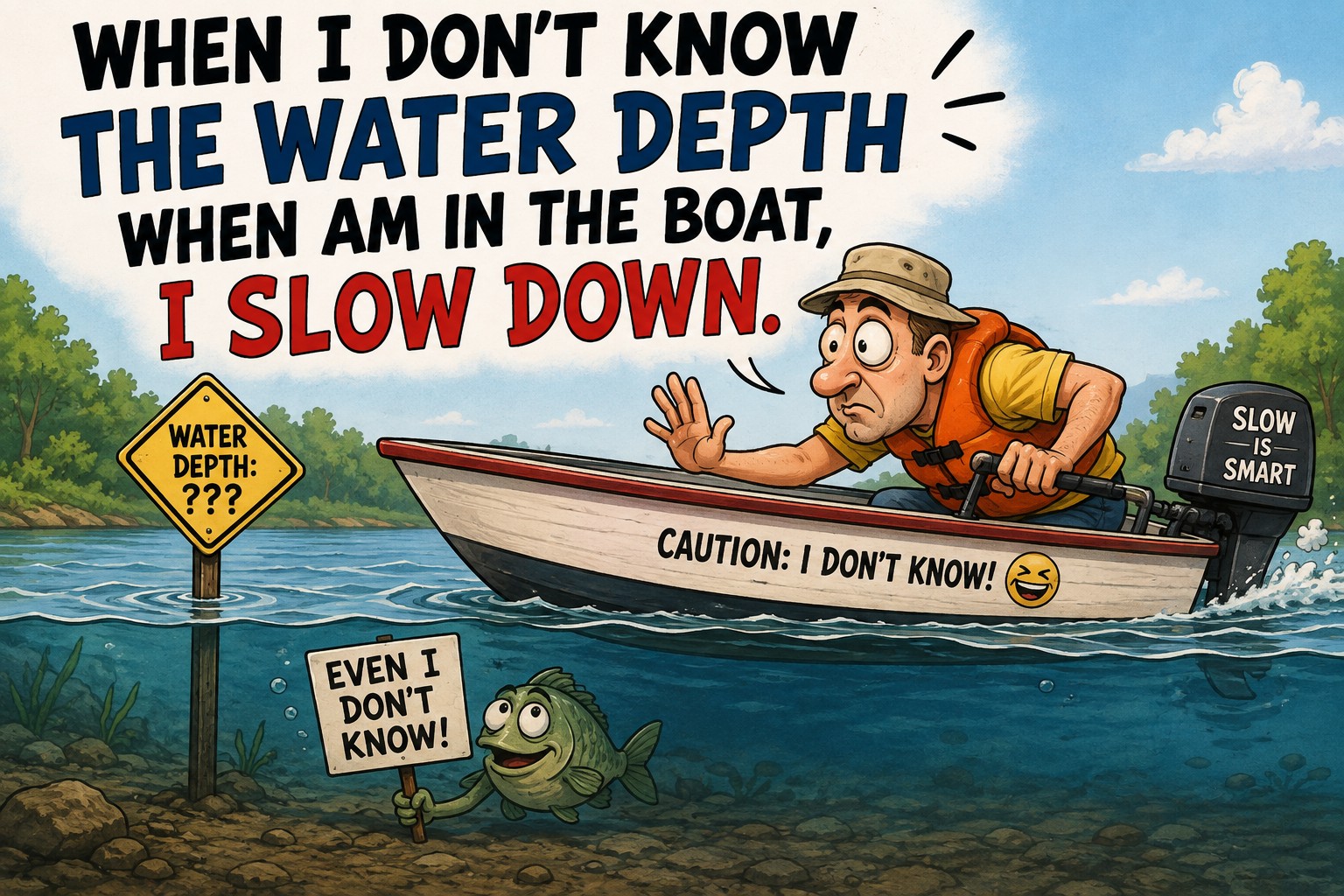 Captain Pavel demonstrating safe boating in shallow Southwest Florida waters with the message When I Don't Know the Water Depth, I Slow Down.